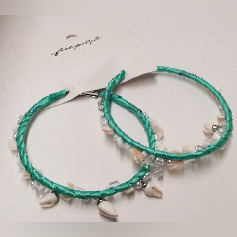 Free People Nostalgia Hoops Earrings Teal with Shell Detail